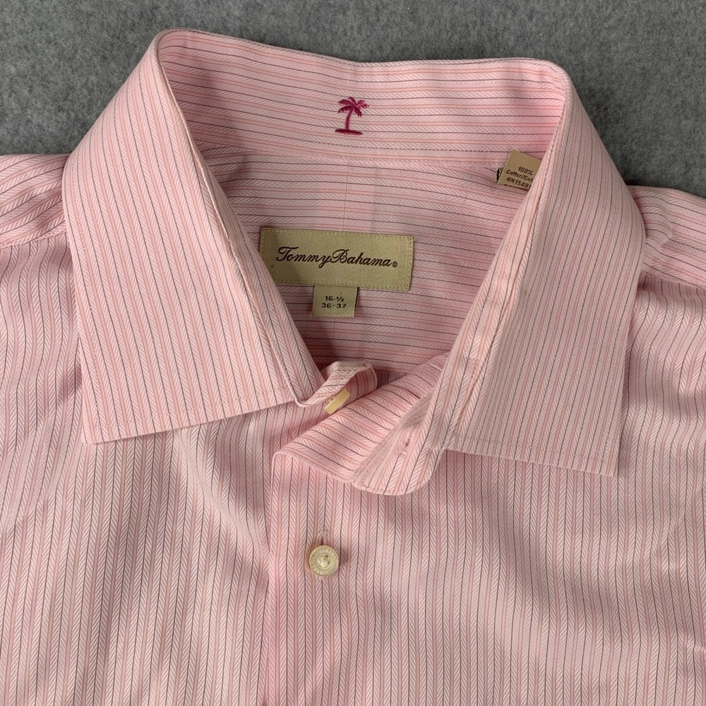 Tommy Bahama Dress Shirt 16.5 36/37 Pink Striped Cotton Long Sleeve Button Up